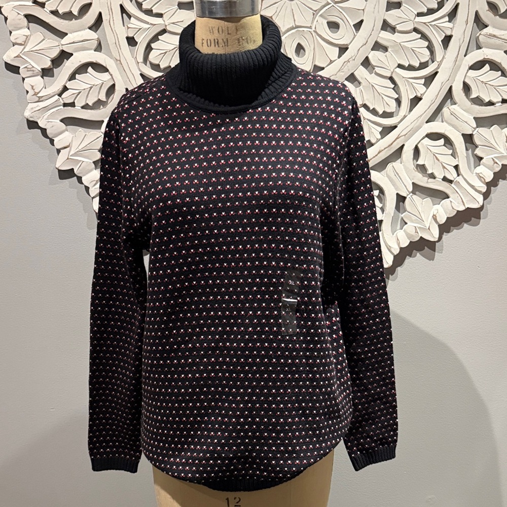 Karen Scott Sweater turtleneck Black w -White & red heart pattern design XL New